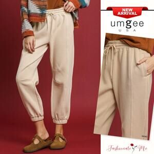 Umgee Elastic Waist Drawstring Side Pocket Casual Fleece Jogger Pants | Sand